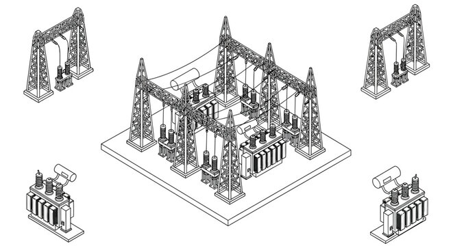 Schematic illustration of a high voltage electrical substation and components