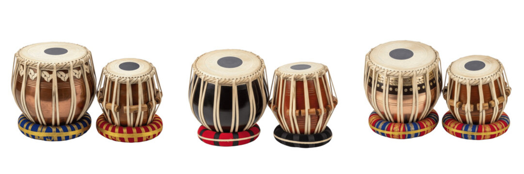 Traditional Indian Tabla Drum Set with Cushions, Pair of Dayan and Bayan Hand Percussion Instruments, Isolated on White Background