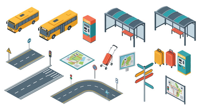 Isometric city infrastructure elements including buses roads and bus stops