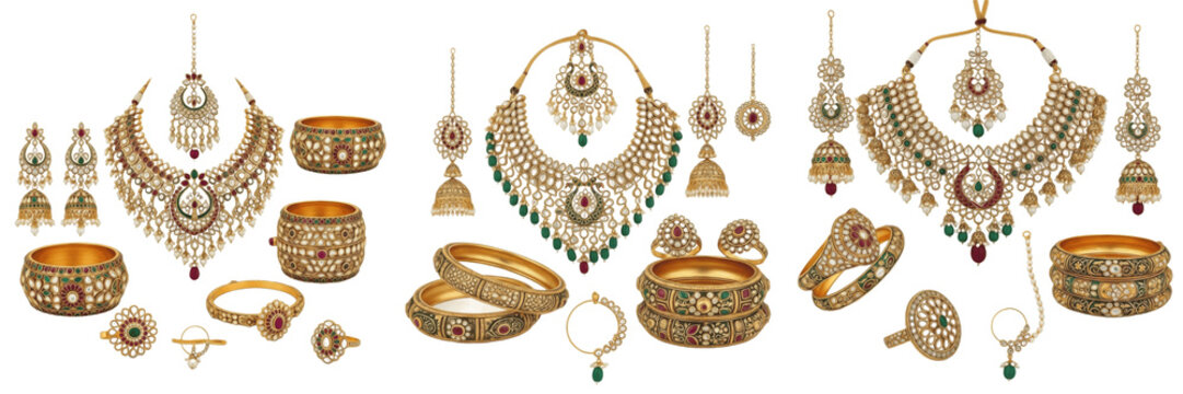 Set of Traditional Indian Bridal Jewelry with Kundan, Gold, and Emerald Details, Luxury Wedding Necklace and Accessories, Isolated on White Background