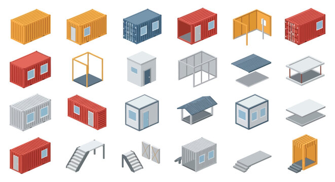 Isometric collection of colorful shipping containers and modular building elements