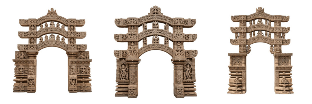 Ancient Buddhist Sanchi Stupa Torana Gateway with Intricate Stone Carvings, Indian Archeological Heritage Monument, Isolated on White Background