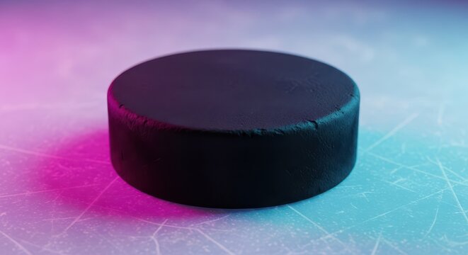 A dense black disk made of vulcanized rubber, essential equipment for ice sports. Closeup view highlighting the rough texture and durable material quality, texture, accessory, exercise