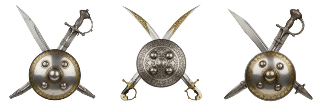 Antique Indo-Persian Warrior Shield and Crossed Talwar Swords, Traditional Indian Mughal Weaponry Set, Isolated on White Background