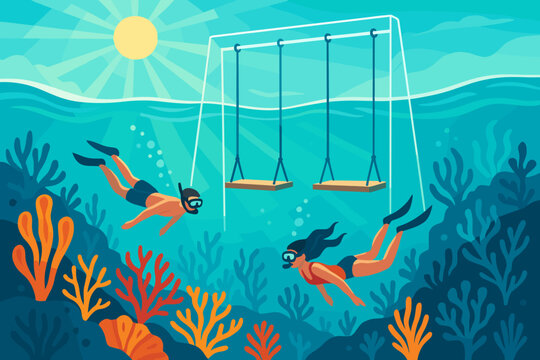 Two divers explore coral reef with swings in clear blue water during sunny day