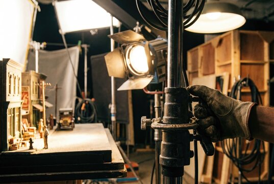 Grip wearing a leather glove adjusting a heavy light stand illuminating a highly detailed miniature city movie set