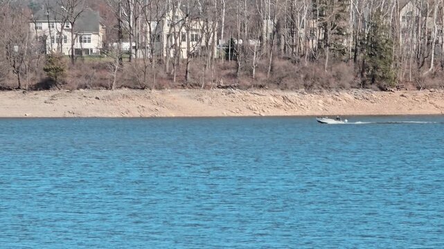 Fishing Boat Running Cruising on a Lake Fresh Water Fishing Vessel, Small Water Craft, Hobby Vehicle, Sport Fishermen Angler, Steel Aluminum Outboard Engine, Early Spring, Sportsman, Action, 60 fps