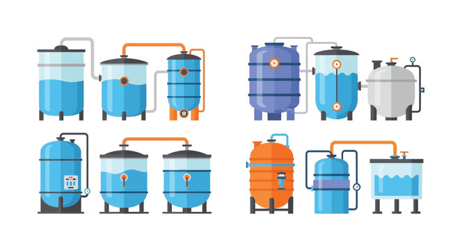 Collection of industrial water tanks and filtration systems in flat design