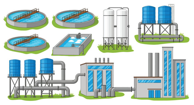 Illustration of a water treatment facility with tanks pools and buildings