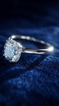 Diamond Ring Slowly Rotating on Dark Velvet Surface, Sparkling Gemstone Close Up, 360 Degree Loop, Vertical 9:16, Luxury Jewellery Product Video, No Text No Logo