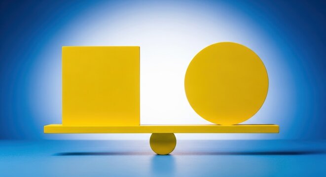 Abstract graphic image featuring two perfectly balanced, bright yellow shapes symbolizing justice, equity, and equal opportunity for all, measure, clear, standard