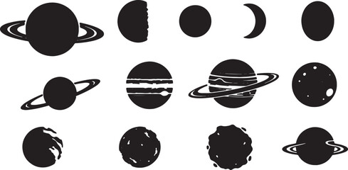 Collection of celestial bodies and moon phases illustrated in black and white © khan