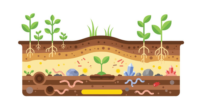 A colorful illustration depicting a cross section of soil layers and plant roots