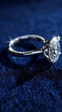 Diamond Ring Slowly Rotating on Dark Velvet Surface, Sparkling Gemstone Close Up, 360 Degree Loop, Vertical 9:16, Luxury Jewellery Product Video, No Text No Logo