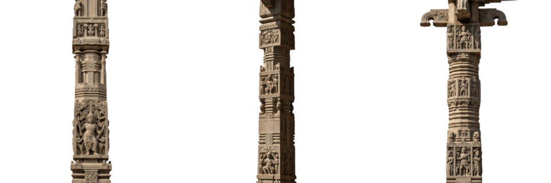 Intricate Stone Carvings on Ancient Hindu Temple Pillars, Traditional Indian Architecture and Archeology, Isolated on White Background