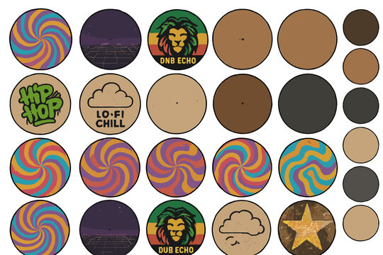 Colorful coasters with various designs and patterns for drinks laid out on a flat surface showcasing creative styles and music themes
