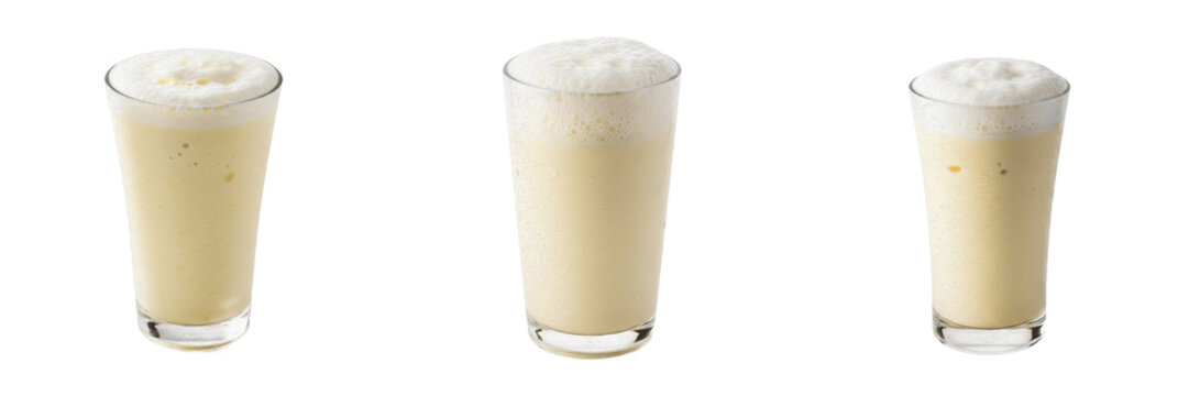 Set of Refreshing Sweet Lassi or Creamy Milkshake with Frothy Top in Glass Isolated on White Background