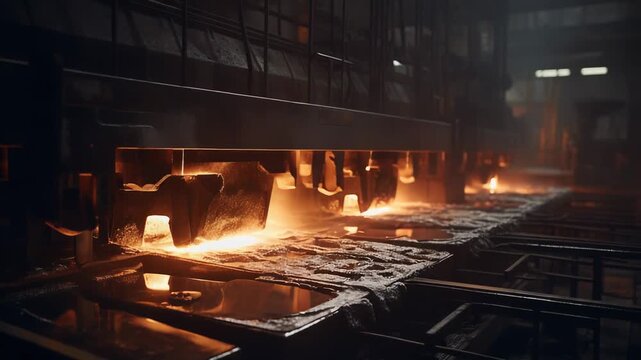 Steel production process illuminating a dark industrial environment with glowing molten metal being poured into a continuous casting machine at a heavy industry factory