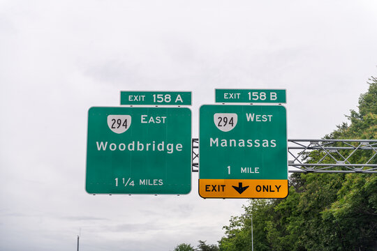 Virginia highway i95 interstate express exit sign closeup for Manassas and Woodbridge near Washington DC