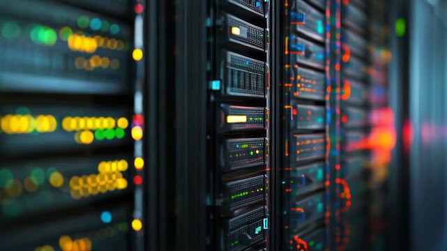 Server racks with blinking lights indicating active data processing and network communication, highlighting the core of modern it infrastructure and cloud computing operations