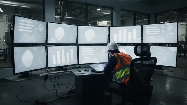 Operator interacting with multiple touchscreens in a batching control room adjusting settings for optimized energy use and ingredient proportions through intuitive AIdriven