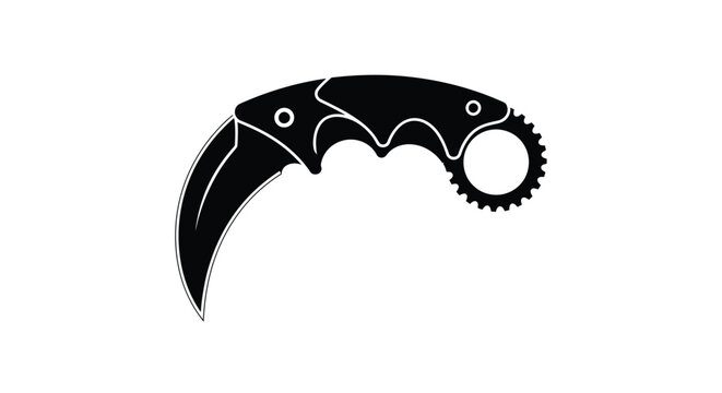 A curved blade karambit knife design in stark black silhouette