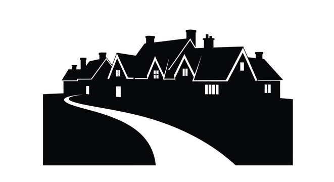 Elegant manor house with curved driveway a striking black silhouette
