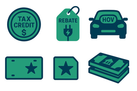 Green tax credit and rebate symbols with electric vehicle icons showing benefits for eco-friendly transportation choices