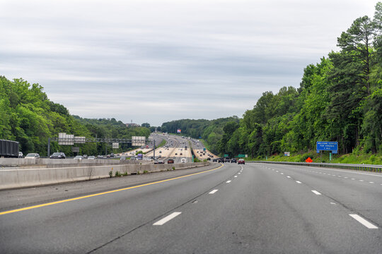 Toll road and freeway at Northern Virginia interstate highway road i-95 near Fredericksburg with many cars in traffic urban congestion