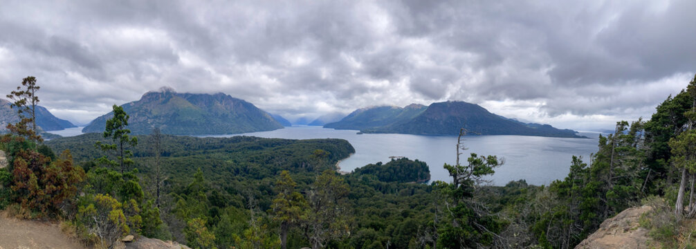 Panoramic view from Cerro Llao Llao over lenga beech temperate forest and the arms of Nahuel Huapi lake at Nahuel Huapi national park, Bariloche, Patagonia, Argentina