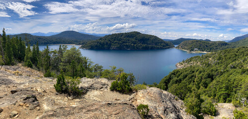 Panoramic view of Bahia Lopez and Nahuel Huapi lake at Nahuel Huapi national park, circuito chico, Bariloche, Patagonia, Argentina