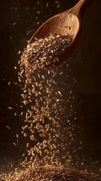 Cumin Seeds Pouring from Wooden Spoon in Slow Motion, Warm Earthy Tones, Indian Spice Macro Close Up, Vertical 9:16 Seamless Loop, Food Video, No Text No Logo