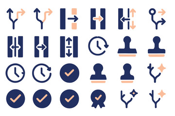 Fototapeta premium Icons representing various concepts like time, verification, and transitions in a simple design