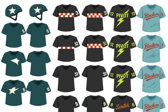 Various designs of roller derby uniforms and helmets arranged in a pattern across the layout of the display