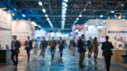 Fototapeta premium Blurred trade show crowd walking through exhibition hall modern business event indoor networking atmosphere scene