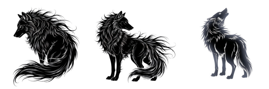 Stylized black wolf illustrations set with majestic fur details, howling and standing poses isolated on white background.