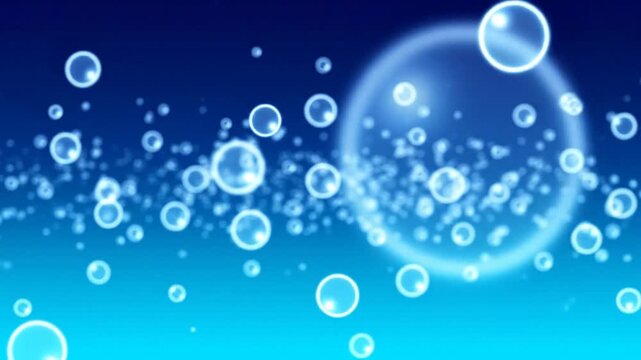 Vibrant blue background with numerous glowing transparent floating bubbles rising