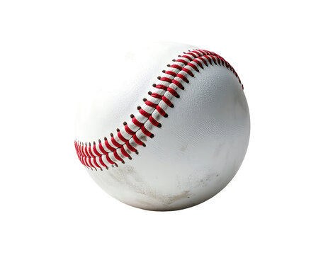 A white, stitched baseball rests against a white background, showing some dirt smudges
