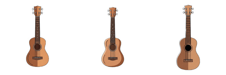 Realistic Ukulele Musical Instrument Vector Illustration Set with Wooden Texture Isolated on White Background © Rama