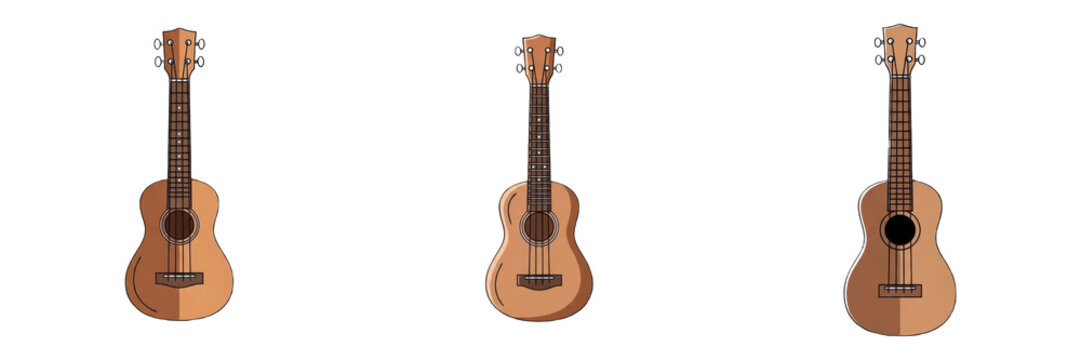 Realistic Ukulele Musical Instrument Vector Illustration Set with Wooden Texture Isolated on White Background