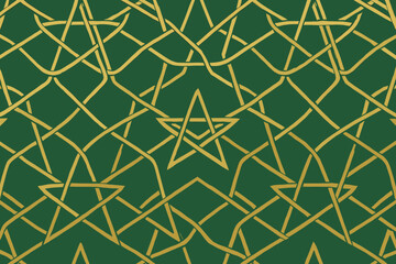 Fototapeta premium Details of a geometric pattern in green and gold featuring interlocking stars and shapes