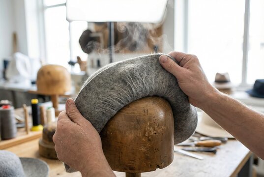 Milliner using steam to shape a grey felt hat over a traditional wooden hat block