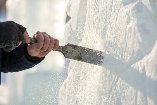 Close up of hands using a flat metal chisel to carve a large block of clear ice