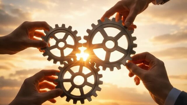 Hands holding interlocking gear wheels at sunset symbolizing teamwork, cooperation, connection, collaboration, and partnership driving business success and industry innovation together
