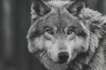 Fototapeta premium Black and white wolf portrait close-up in forest with intense gaze