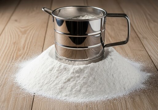 Detailed view of a classic stainless steel flour sifter resting atop a generous mound of baking powder on a rustic wooden table, ready for cooking, dessert, metal, dough