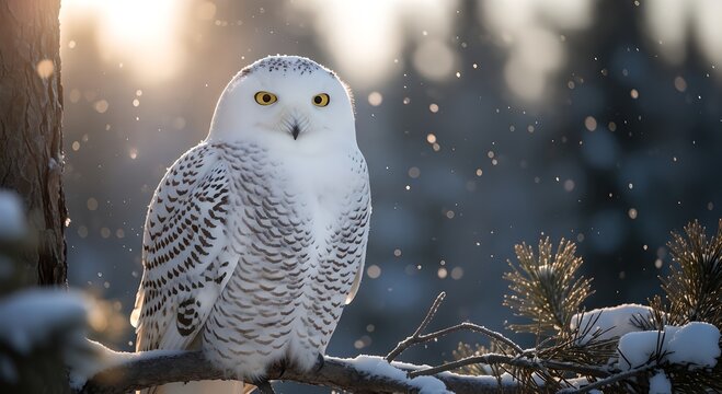 Majestic snowy owl with piercing yellow eyes, perched serenely on a frost-covered branch as gentle snowflakes fall in a sun-dappled winter forest