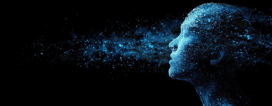 blue digital human head profile with grid particles flying around on a black background, an ai concept Generative AI
