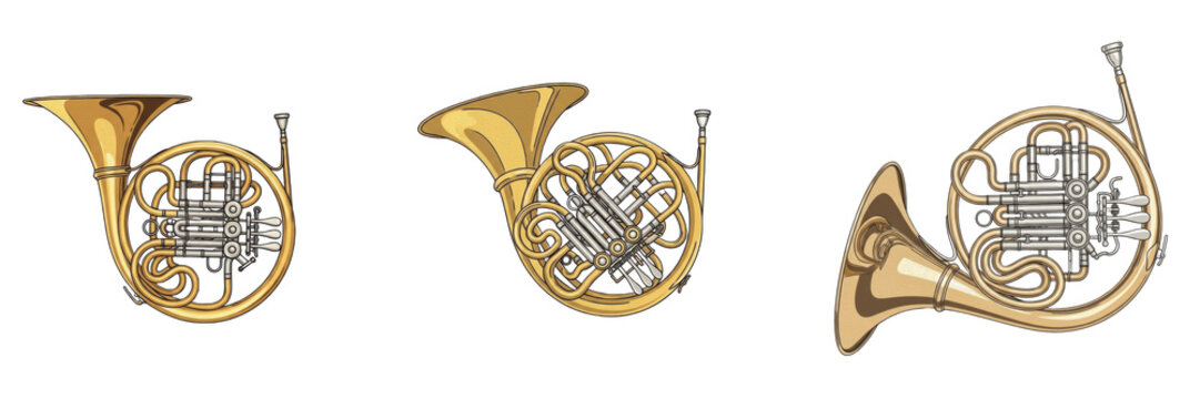 French Horn Set Illustration Isolated on White Background, Brass Classical Musical Instruments Collection