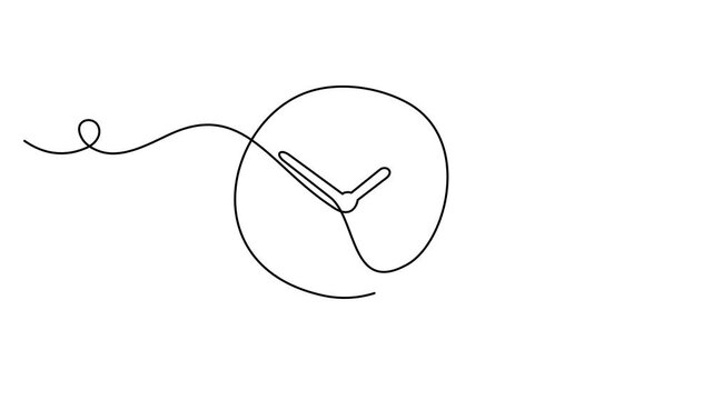 Animated self drawing of continuous line draw of clock icon. Full length one line animation. 4K